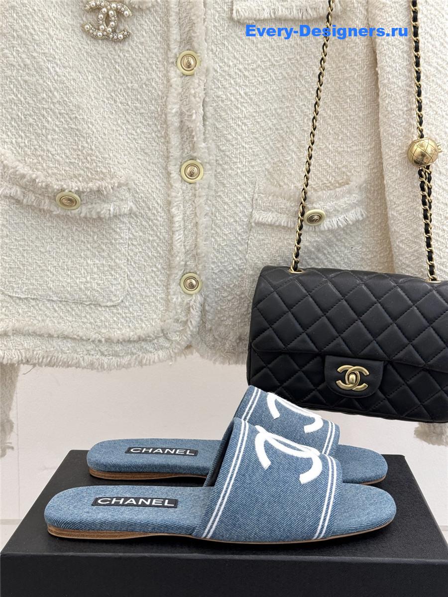 Ch**el light blue denim embroidery flat slippers