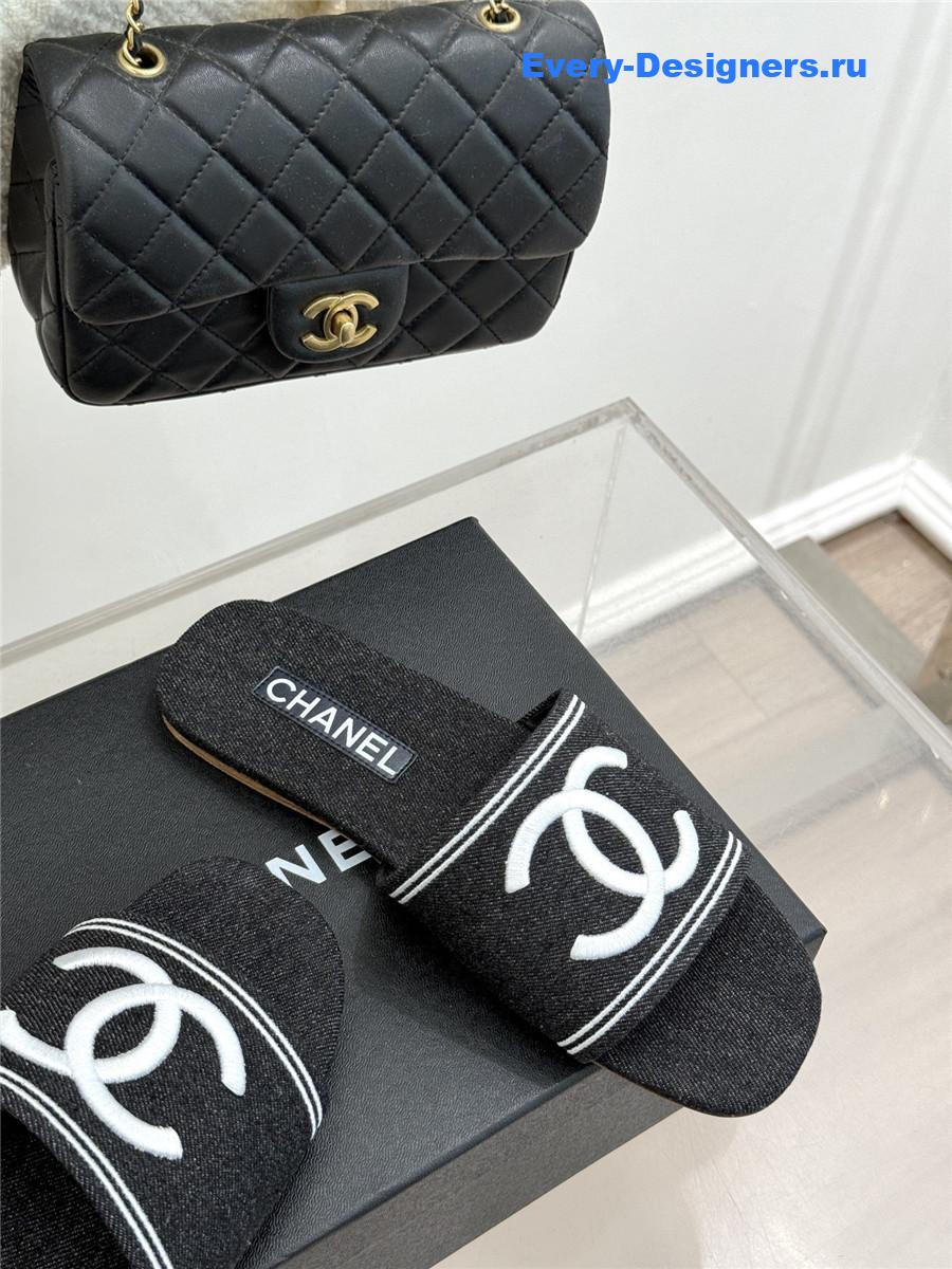 Ch**el black denim embroidery flat slippers