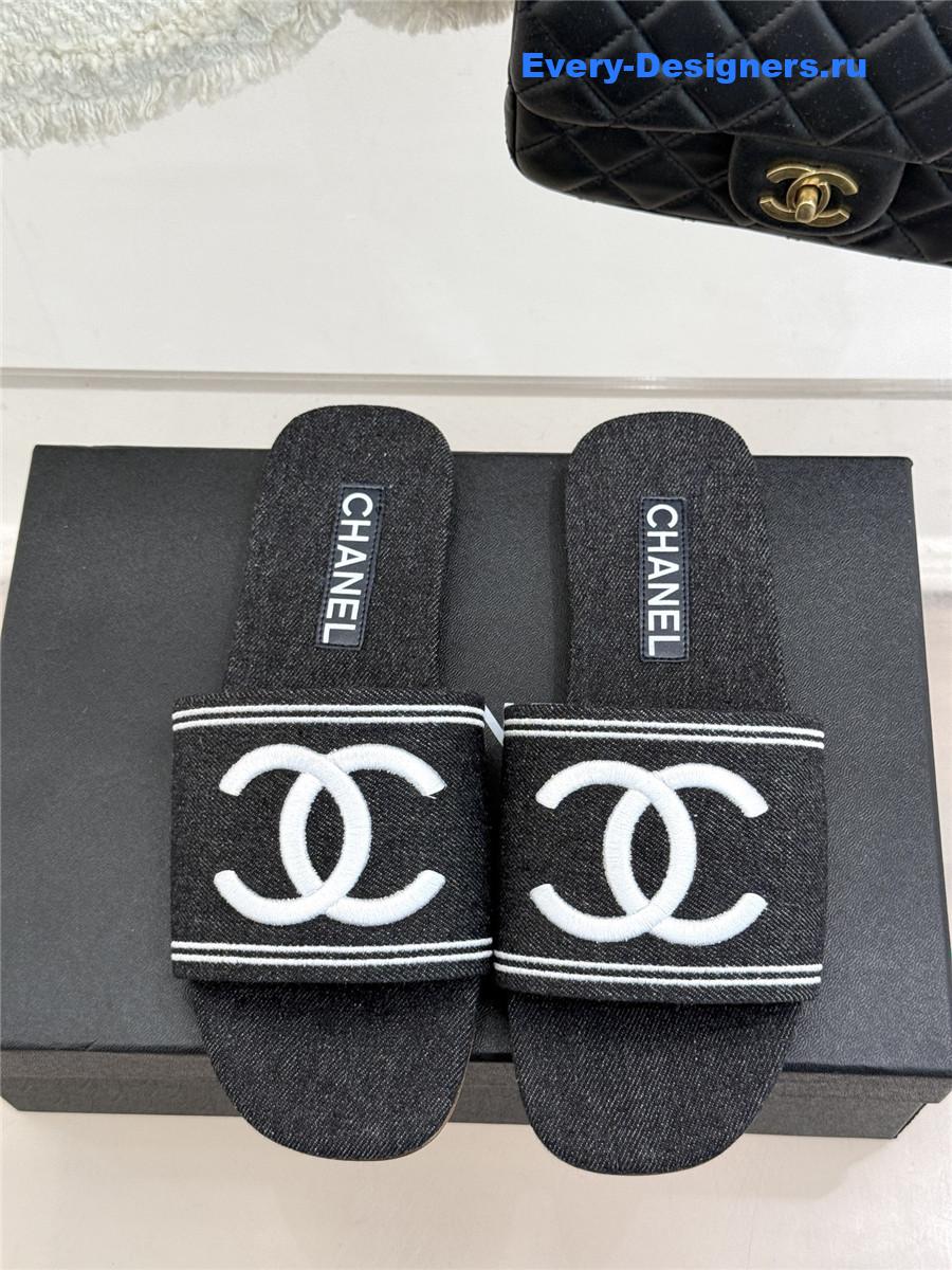 Ch**el black denim embroidery flat slippers