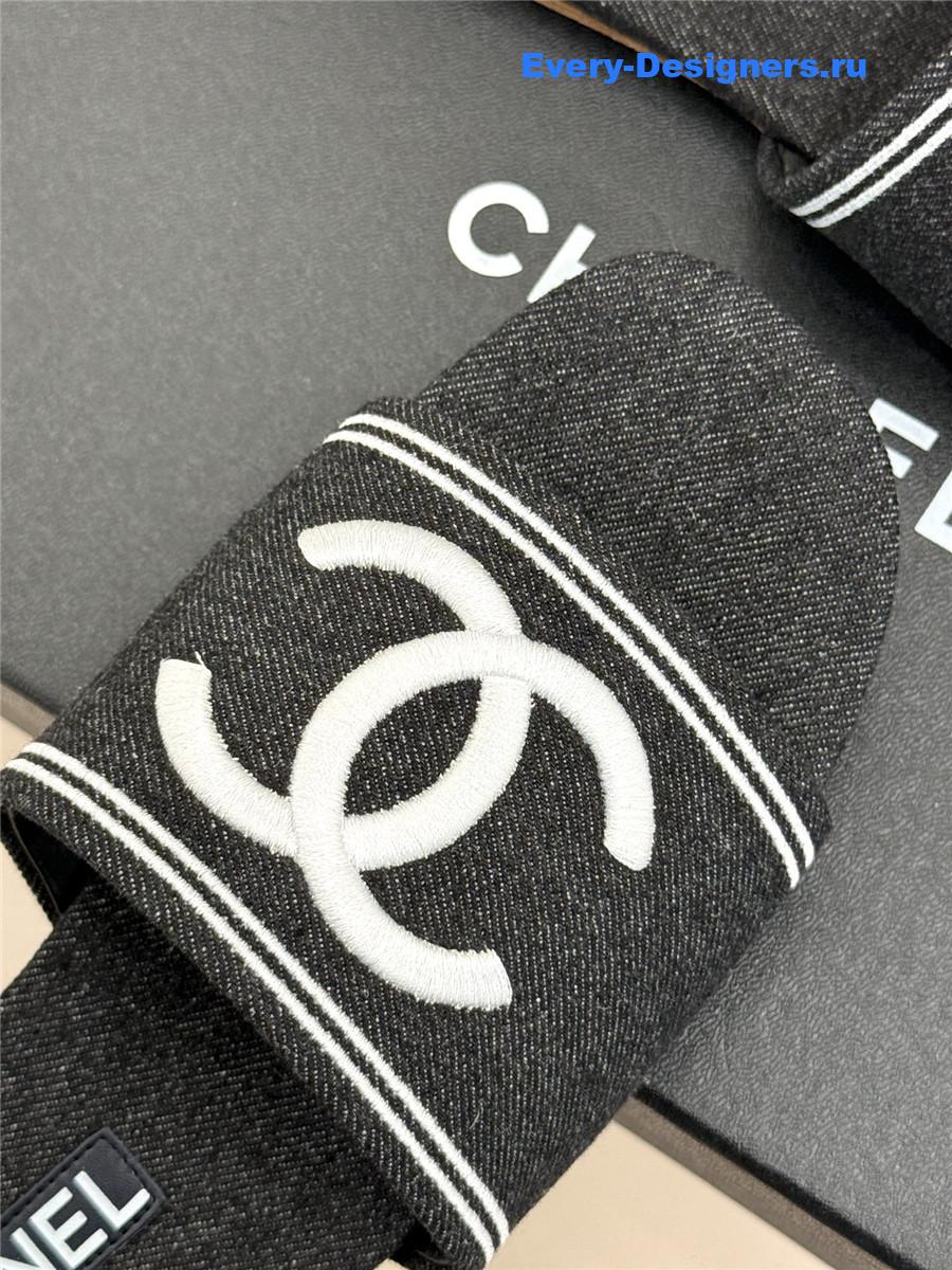Ch**el black denim embroidery flat slippers