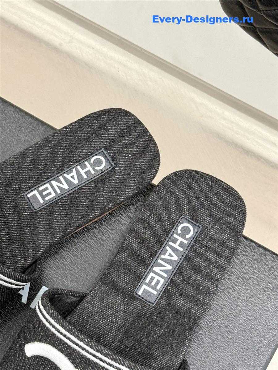 Ch**el black denim embroidery flat slippers