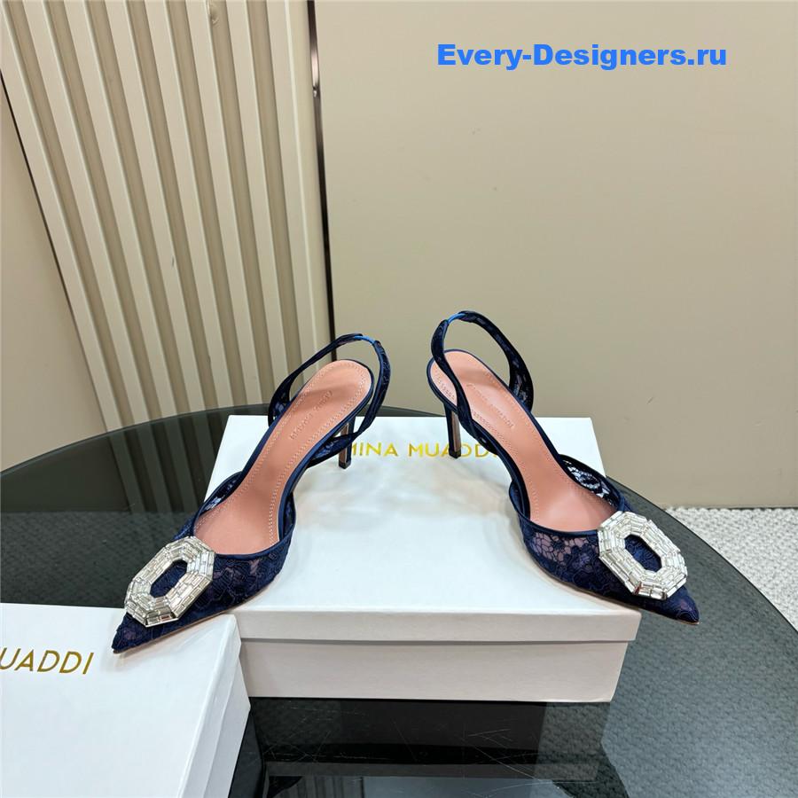 Amina Muaddi Camelia Blue Satin Pumps