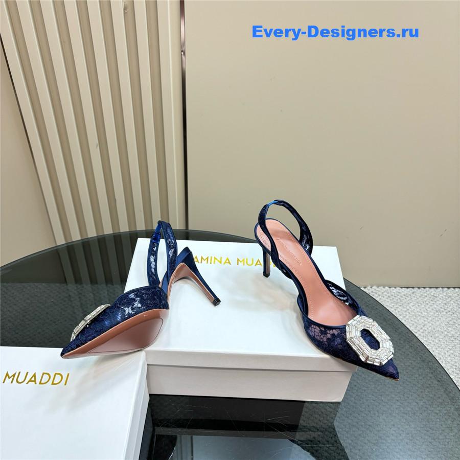 Amina Muaddi Camelia Blue Satin Pumps