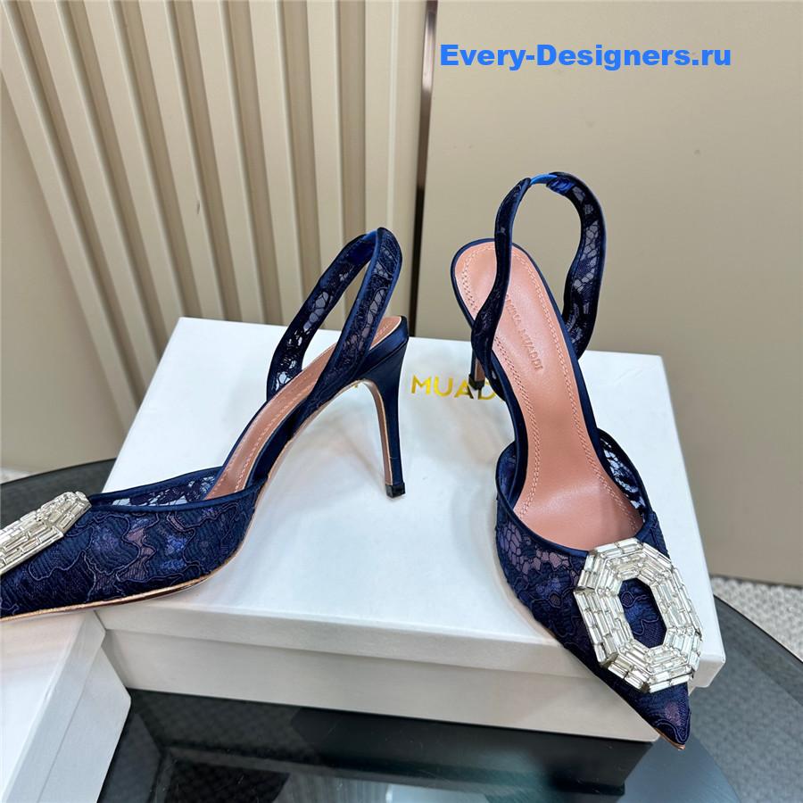 Amina Muaddi Camelia Blue Satin Pumps