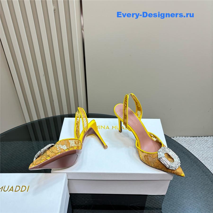 Amina Muaddi Camelia Yellow Satin Pumps
