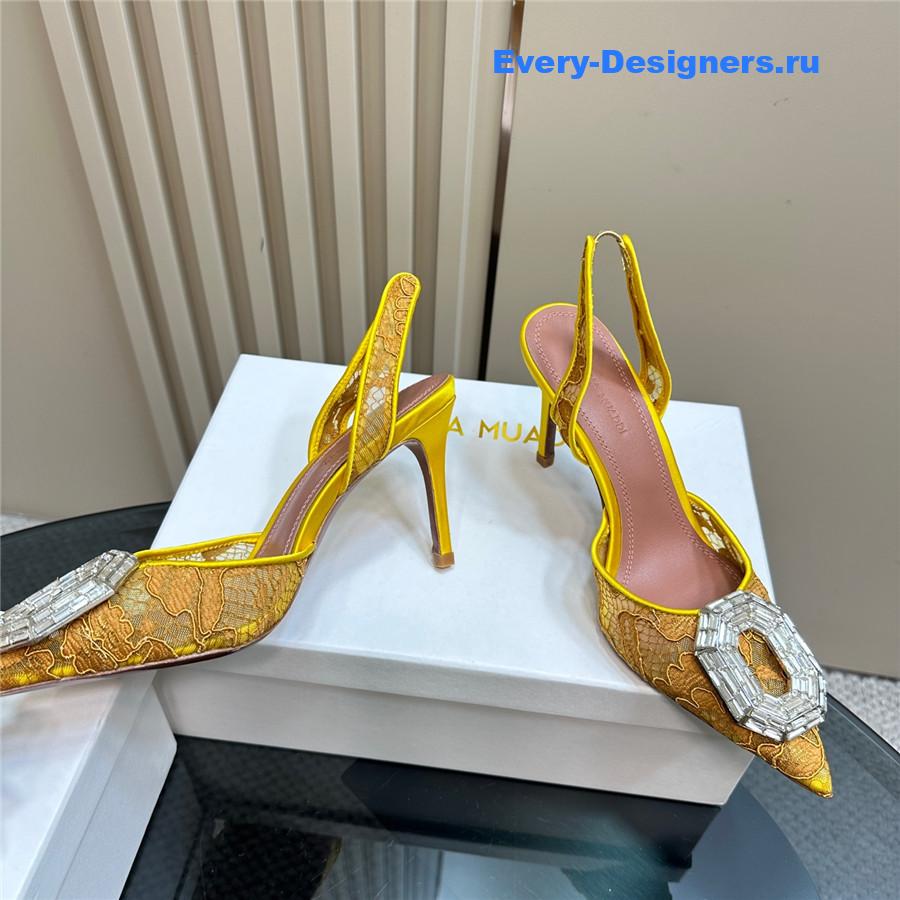 Amina Muaddi Camelia Yellow Satin Pumps