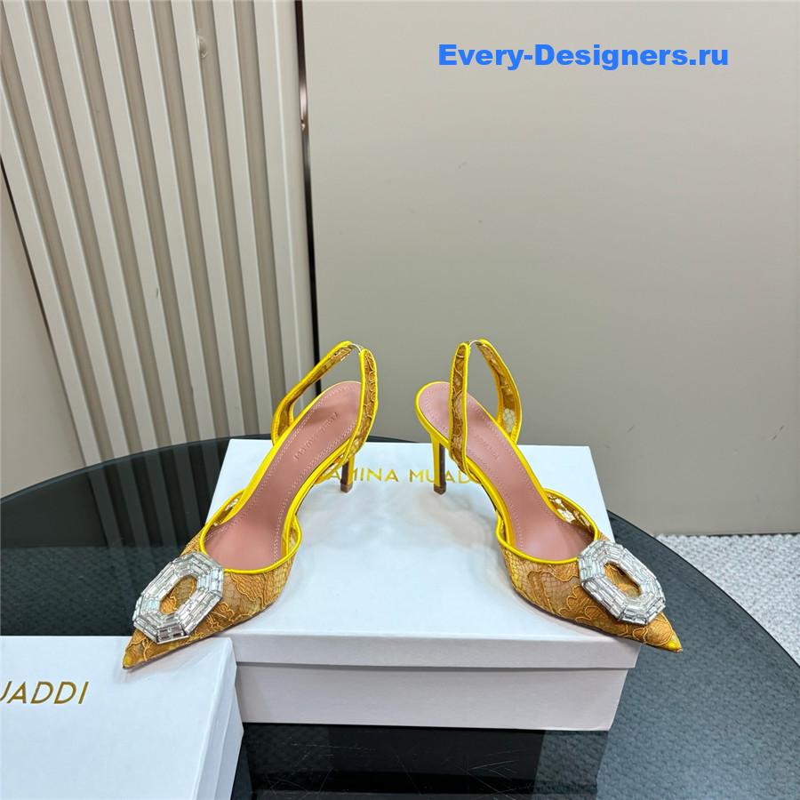 Amina Muaddi Camelia Yellow Satin Pumps