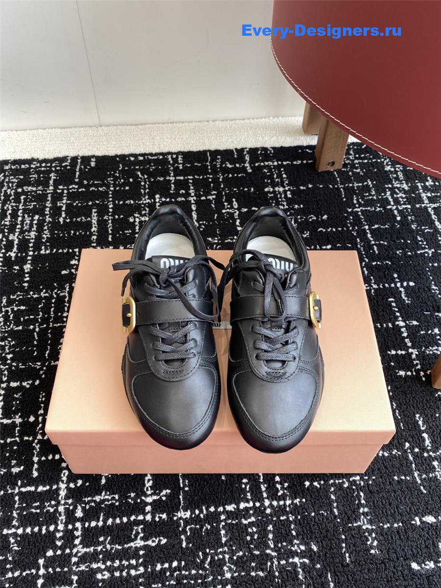 Miu Miu Black Leather Buckle Detail Low-Top Sneakers