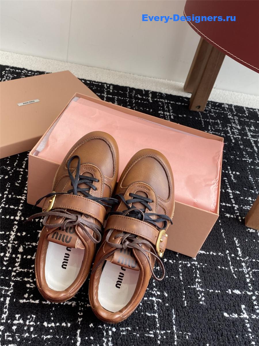 Miu Miu Brown Leather Buckle Detail Low-Top Sneakers