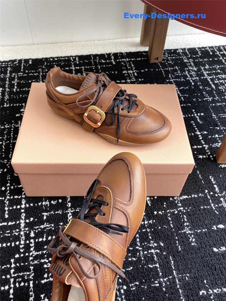 Miu Miu Brown Leather Buckle Detail Low-Top Sneakers