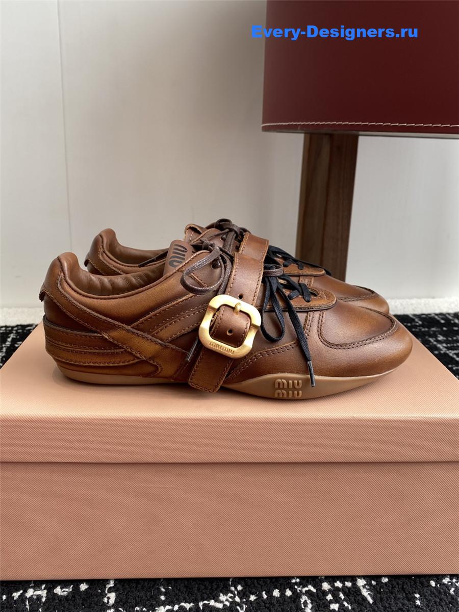 Miu Miu Brown Leather Buckle Detail Low-Top Sneakers