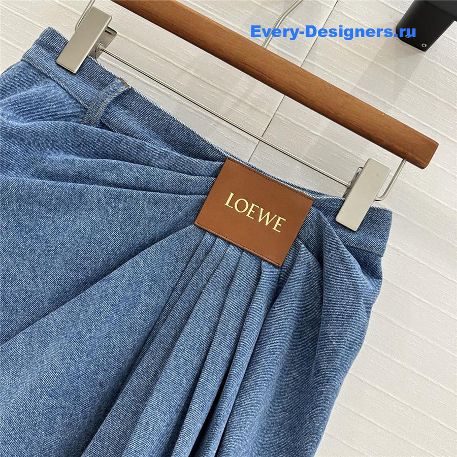 L0ew* leather-trimmed draped denim mini skirt