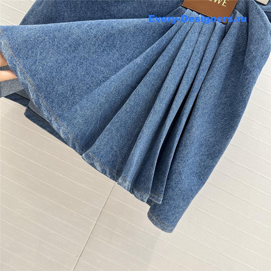 L0ew* leather-trimmed draped denim mini skirt