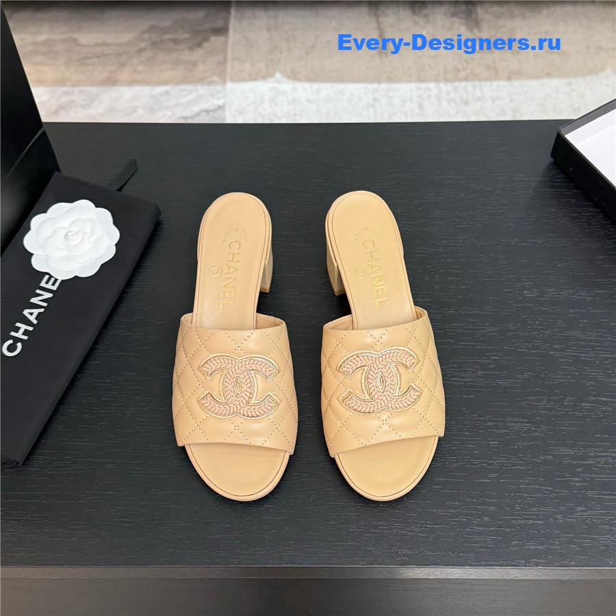 Ch**el cc beige sheepskin heel slippers