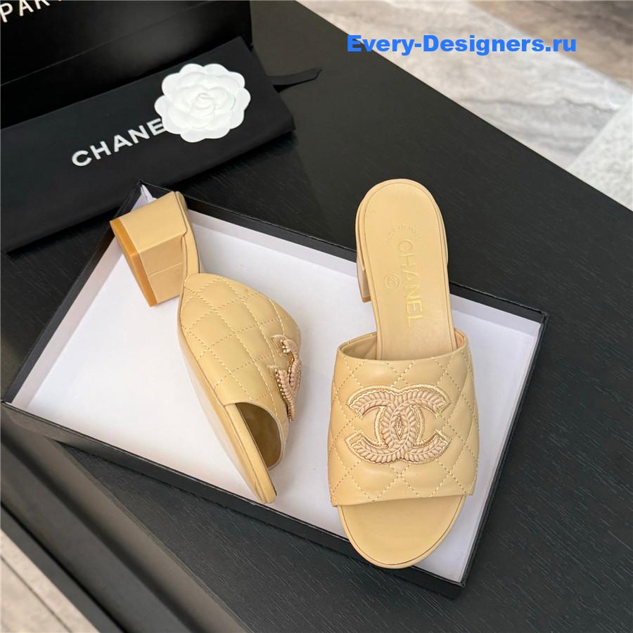 Ch**el cc beige sheepskin heel slippers