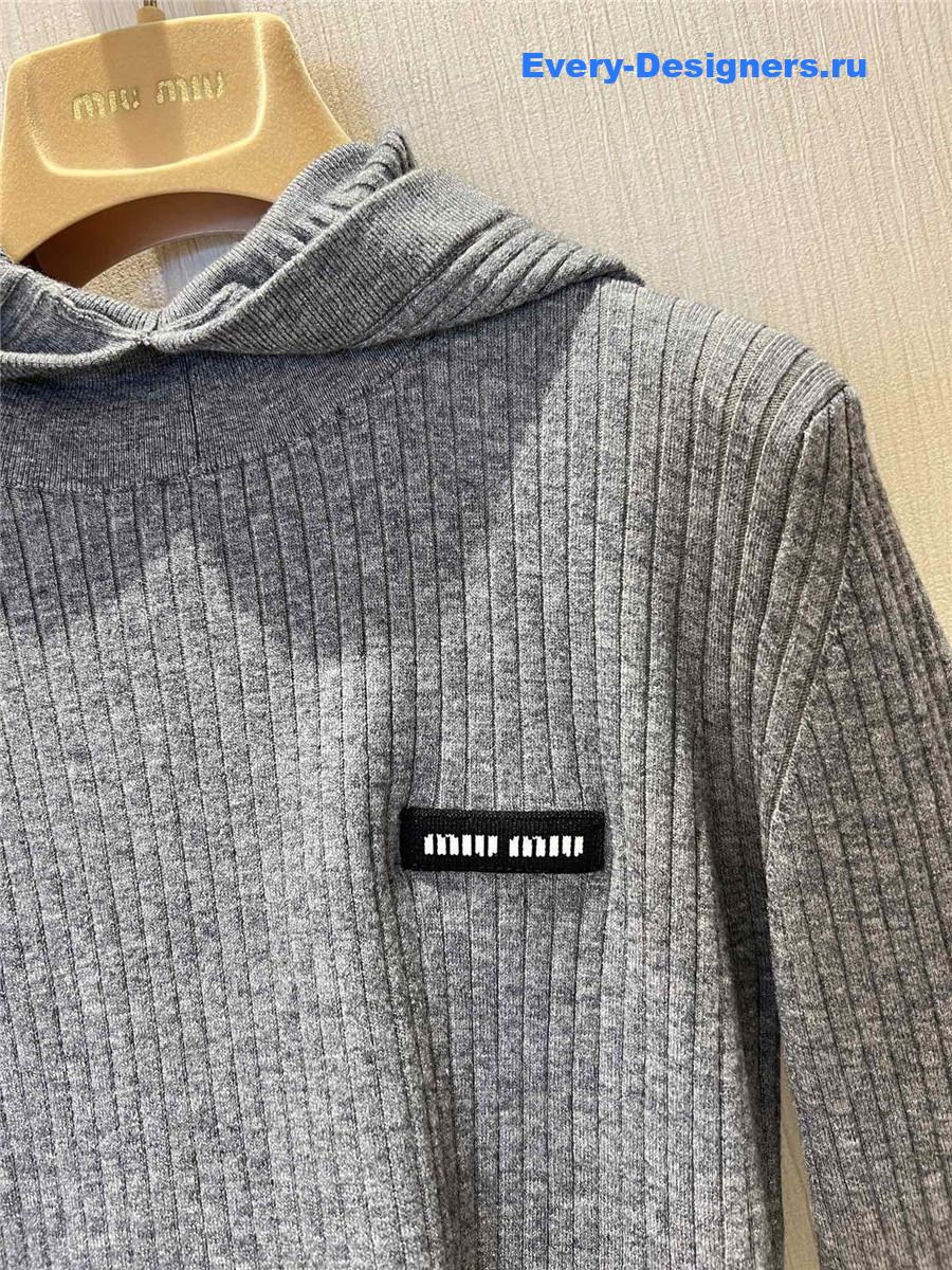 Miu Miu Grey Tight Long Sleeve Hooded Sweater