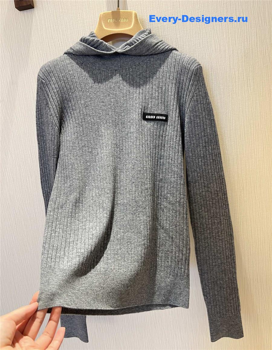 Miu Miu Grey Tight Long Sleeve Hooded Sweater