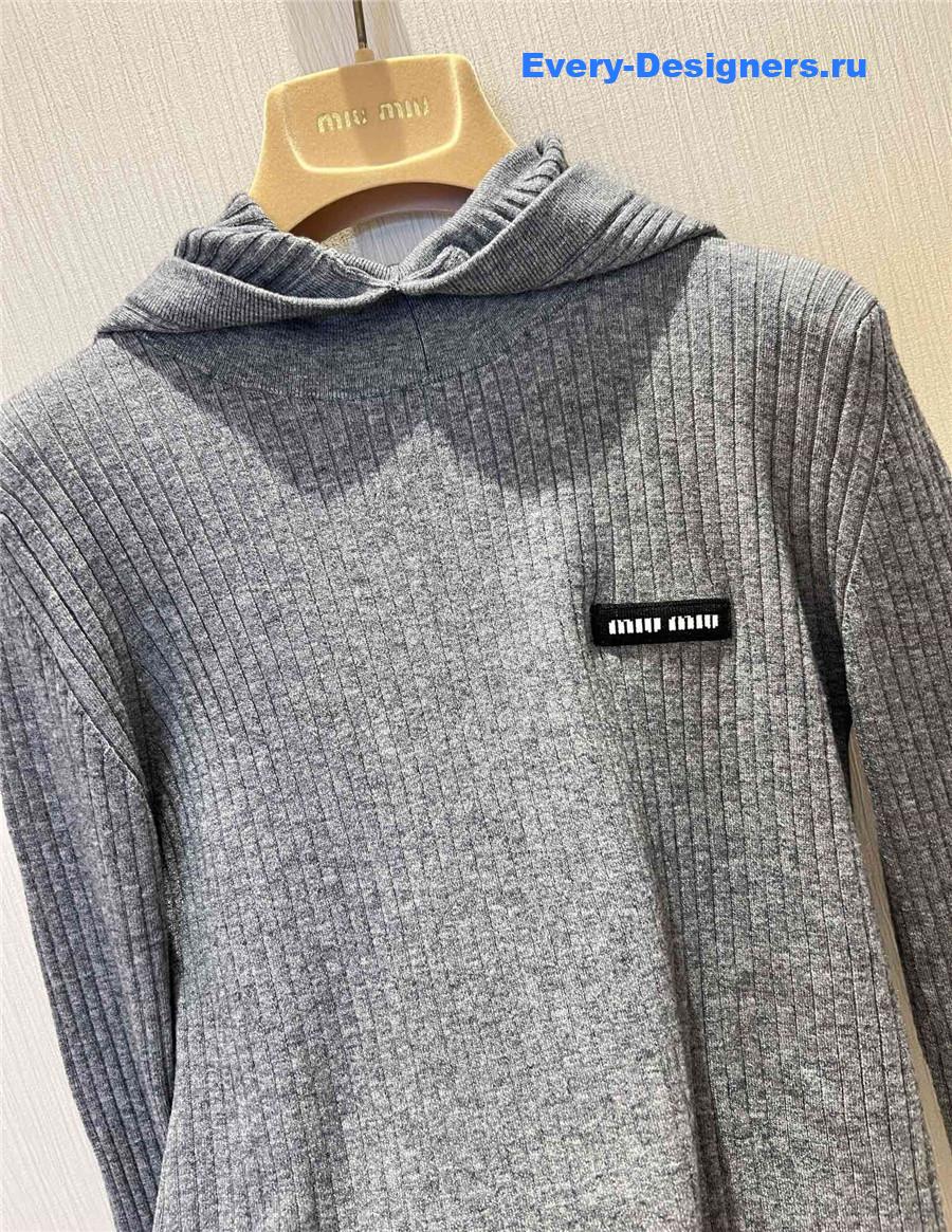 Miu Miu Grey Tight Long Sleeve Hooded Sweater