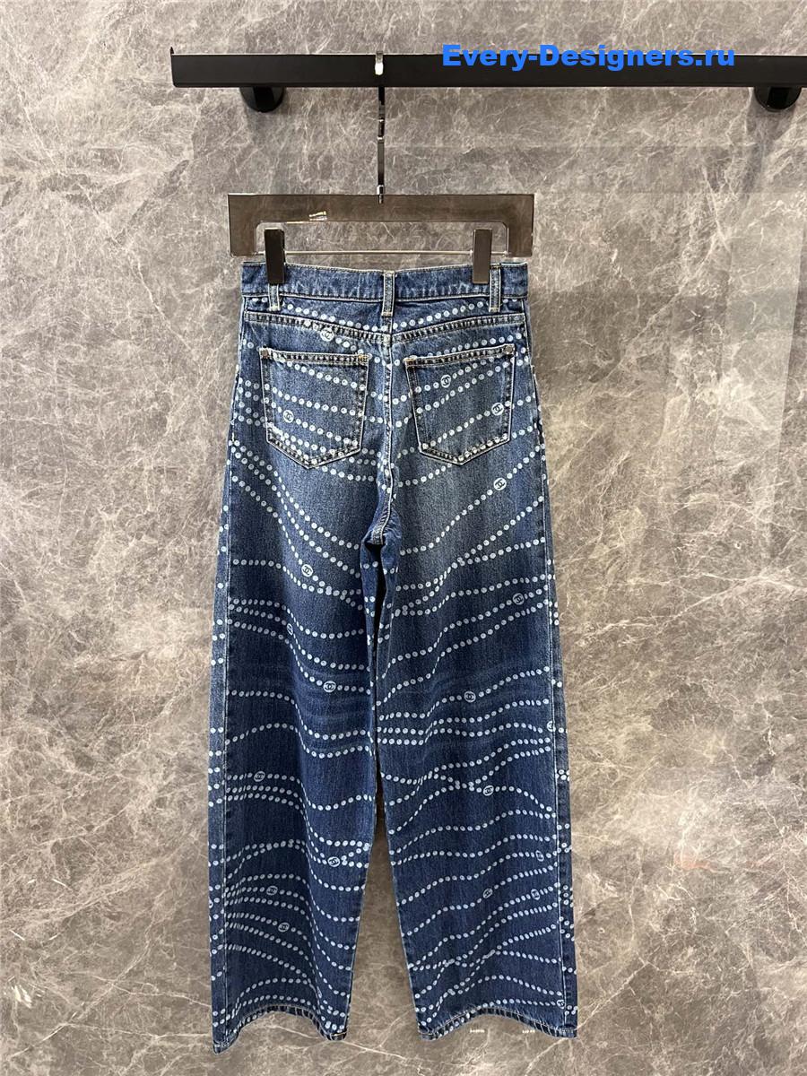 Ch**el pearl print logo wide-leg jeans