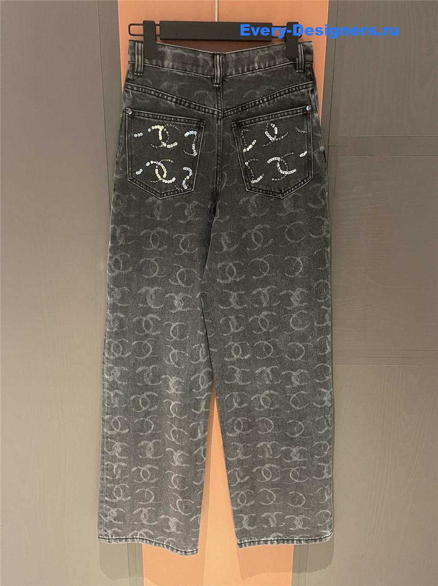 Ch**el grey logo sequin wide-leg jeans