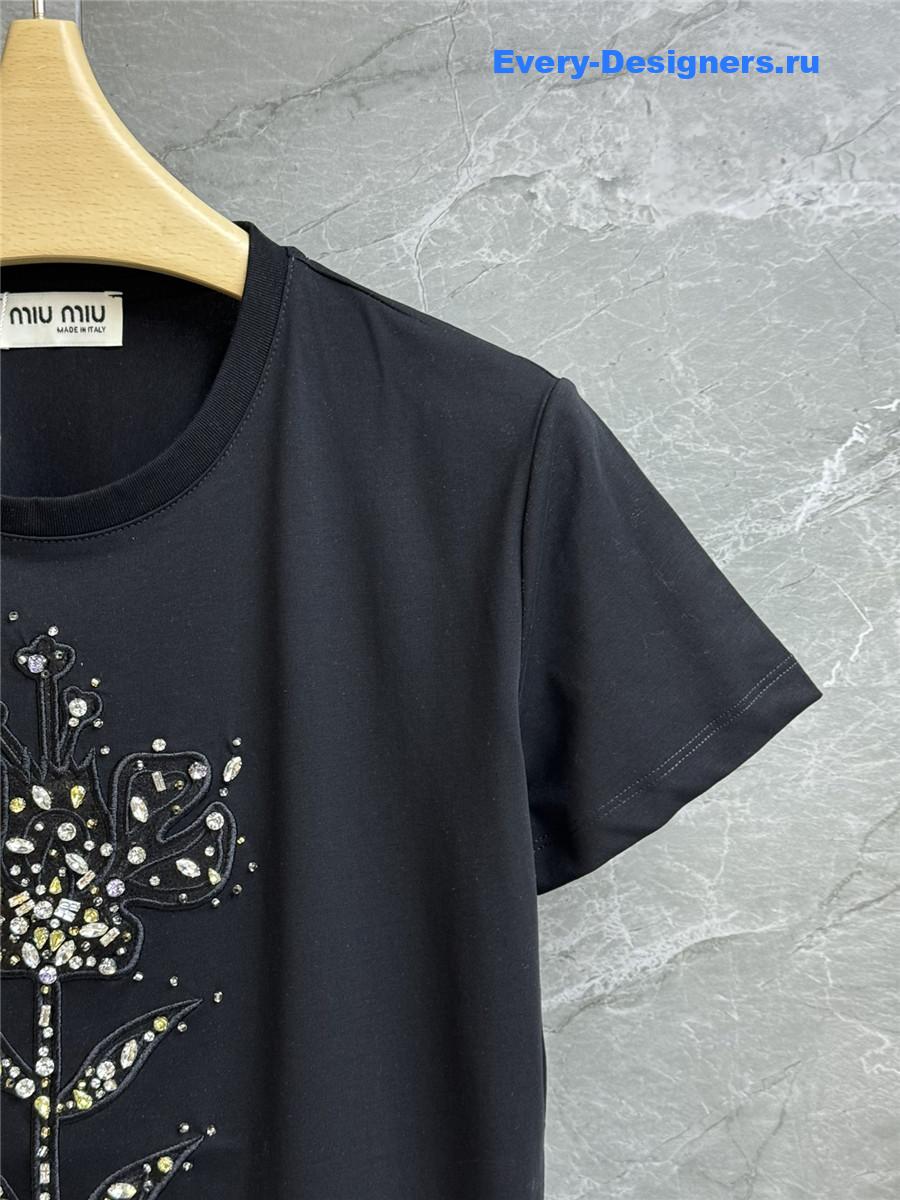 Miu Miu Beaded Embroidered T-Shirt Black