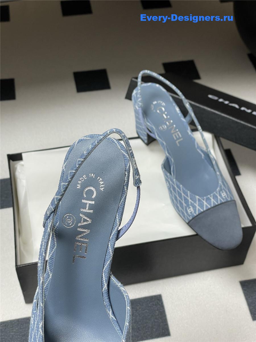 Ch**el denim slingback block heels