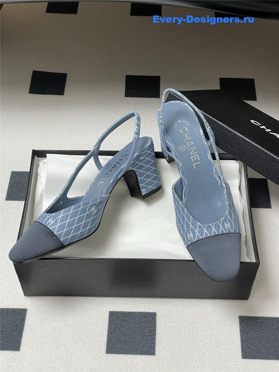 Ch**el denim slingback block heels