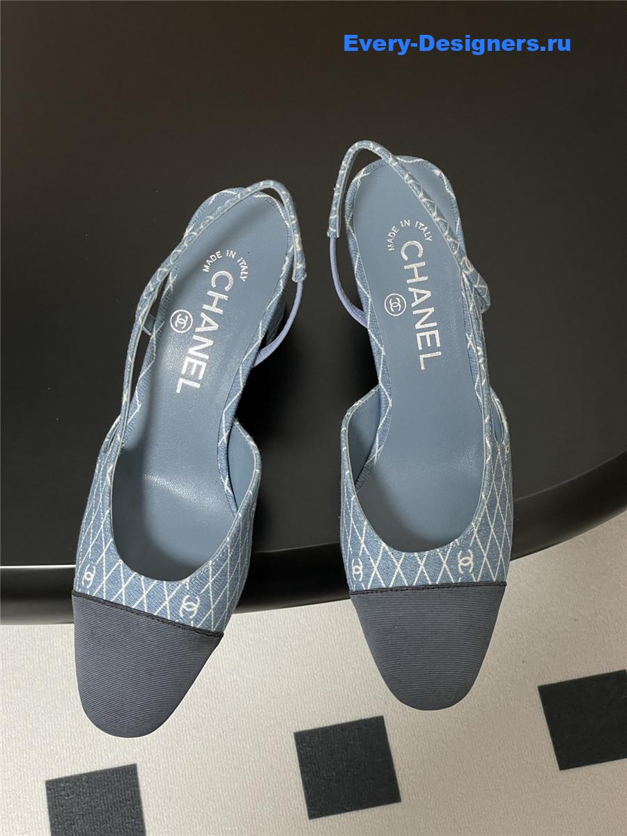 Ch**el denim slingback block heels