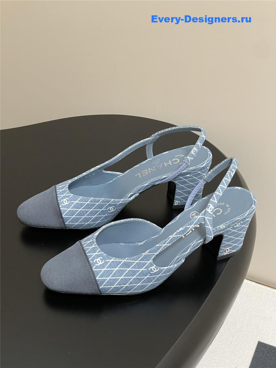 Ch**el denim slingback block heels
