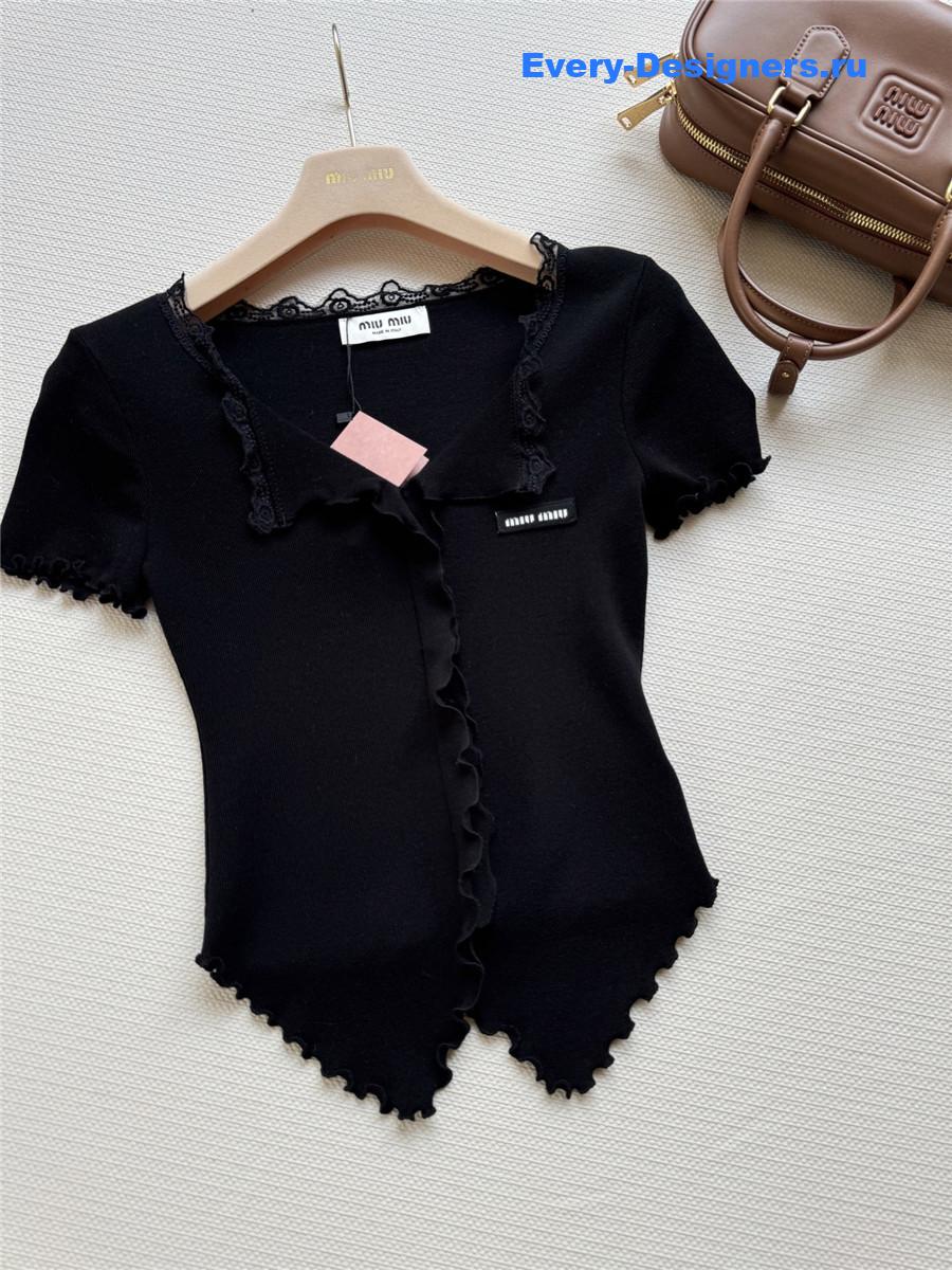 Miu Miu Wave Lace Knit Top Black