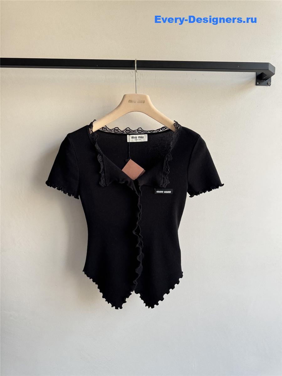 Miu Miu Wave Lace Knit Top Black