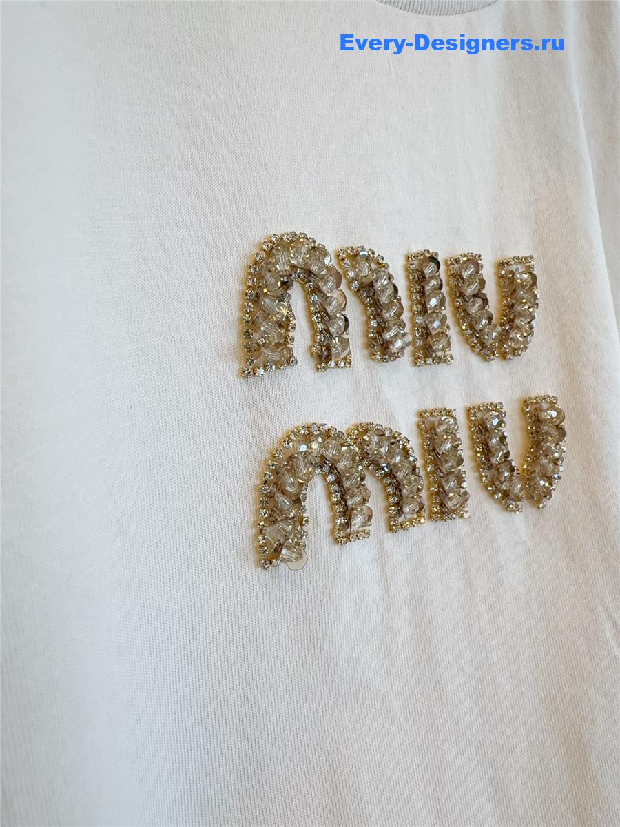 Miu Miu Logo-Embellished Crewneck T-Shirt in White