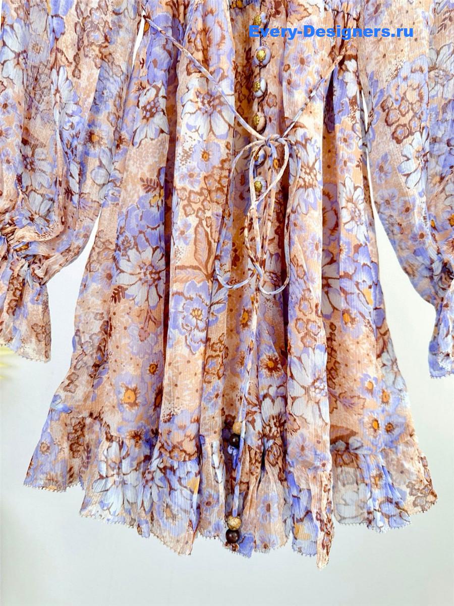 Zimm Tama Floral-Printed Long-Sleeved Ruffled Mini Dress