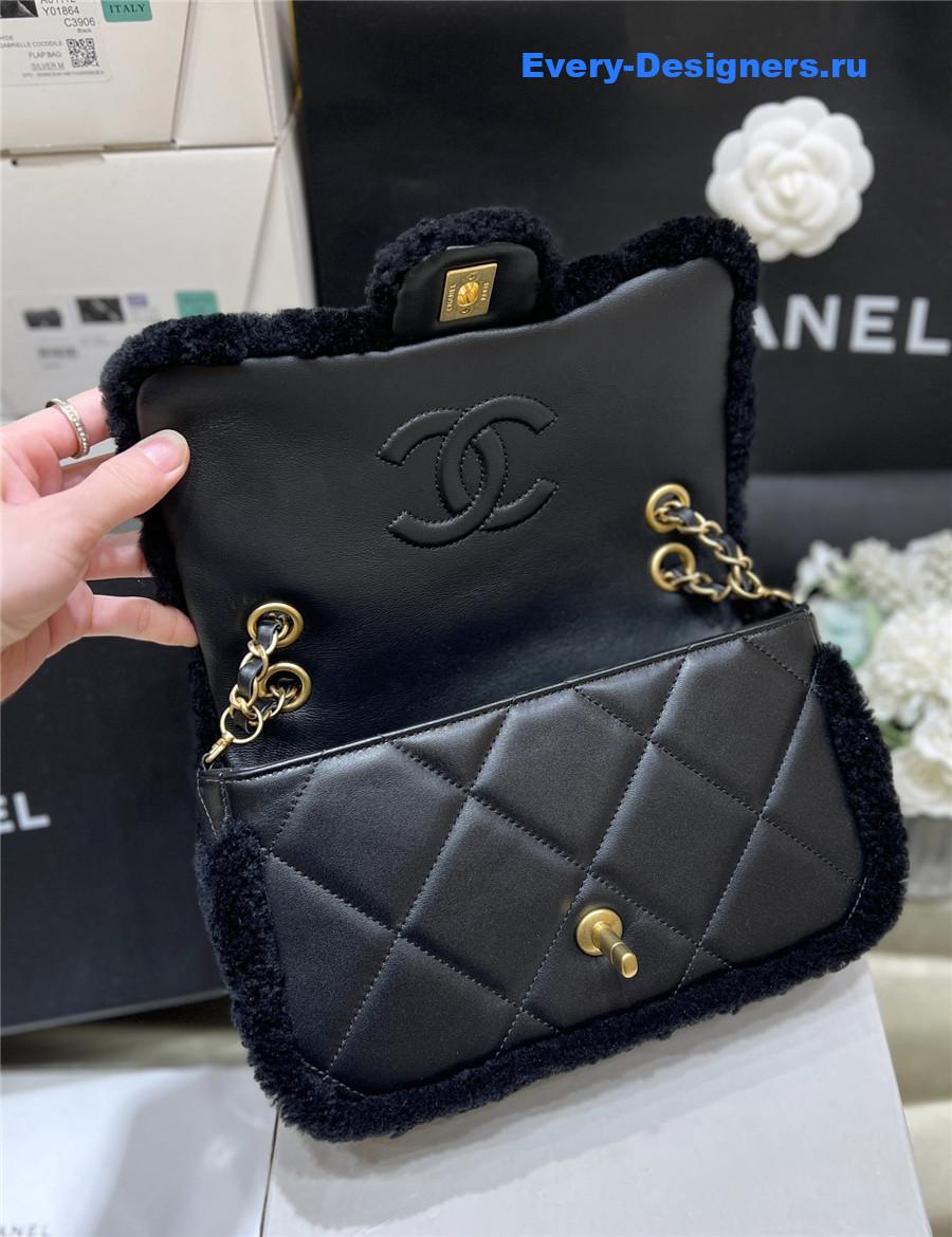 Ch**el black quilted teddy shearling large flap bag