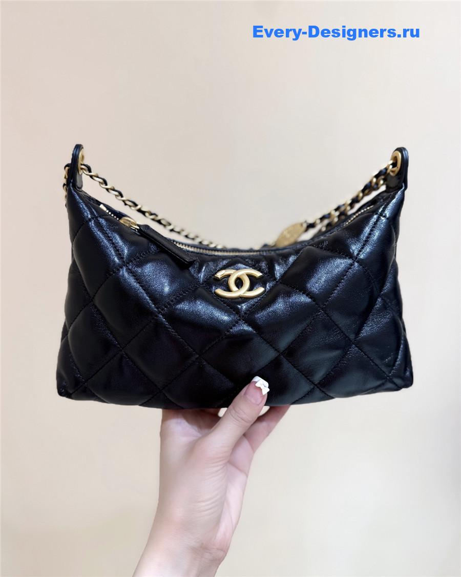 Ch**el black calfskin chain hobo