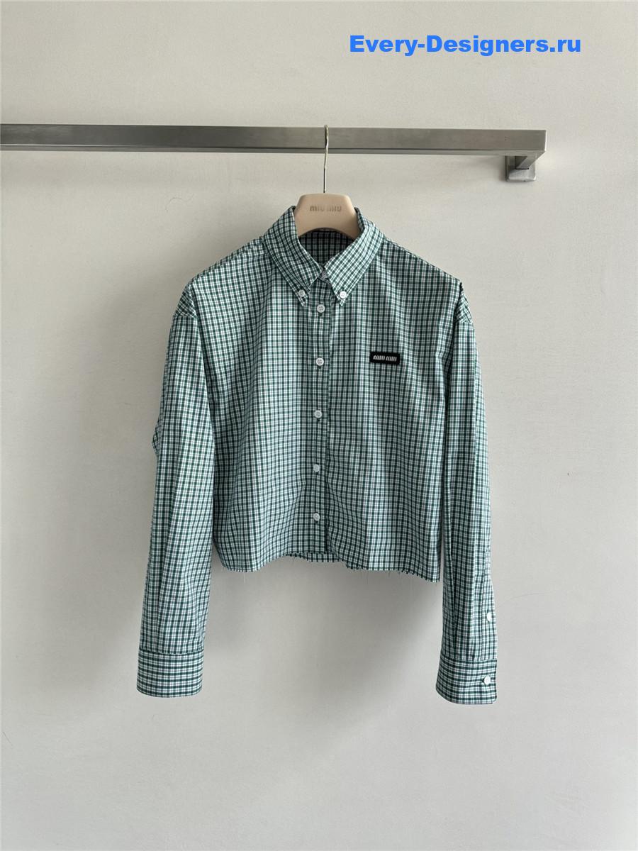 Miu Miu Light Green Check Cropped Shirt