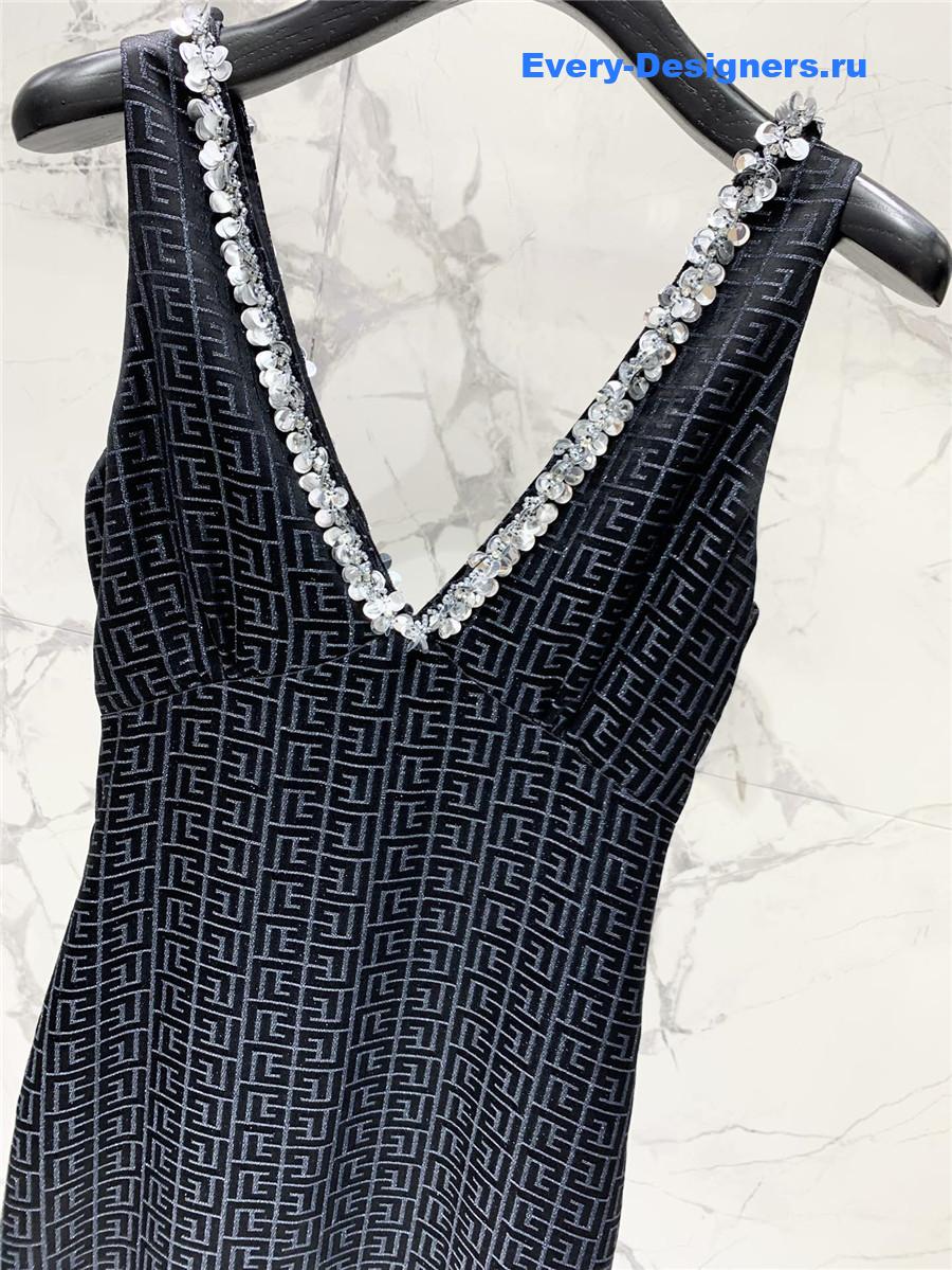Balmain V-Neck Silk Beaded Dress