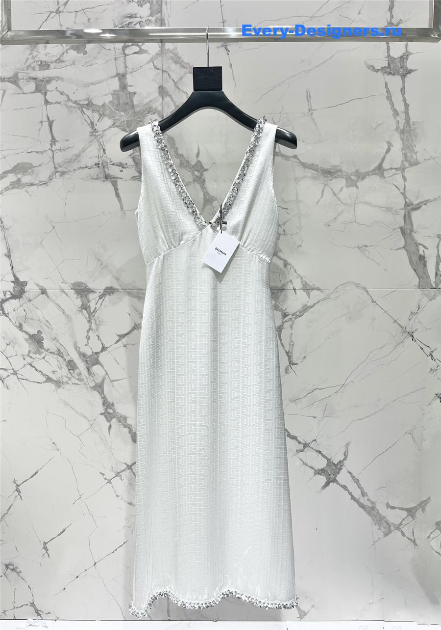 Balmain White Silk Beaded Dress