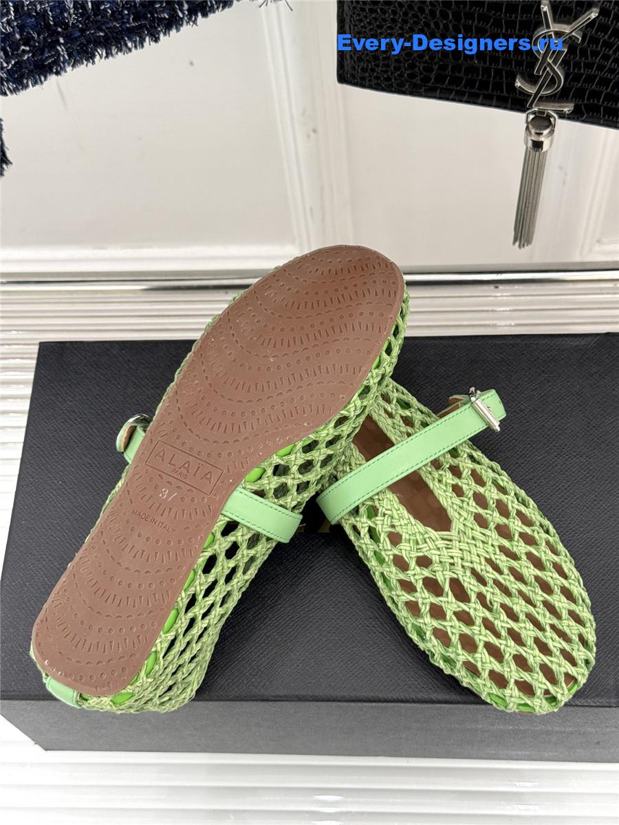 ALAÏA Green Woven Mesh Ballet Flats