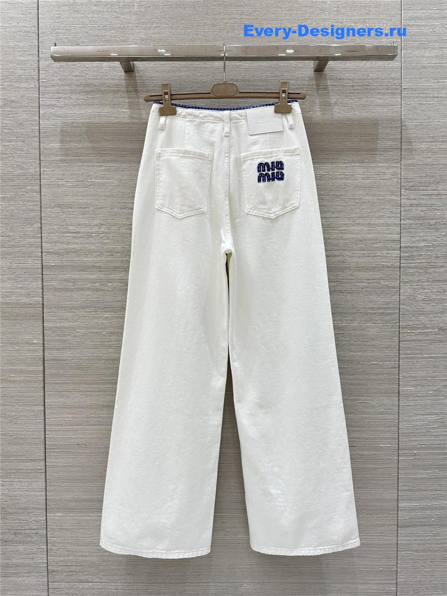 Miu Miu White Jeans with Logo Appliqué