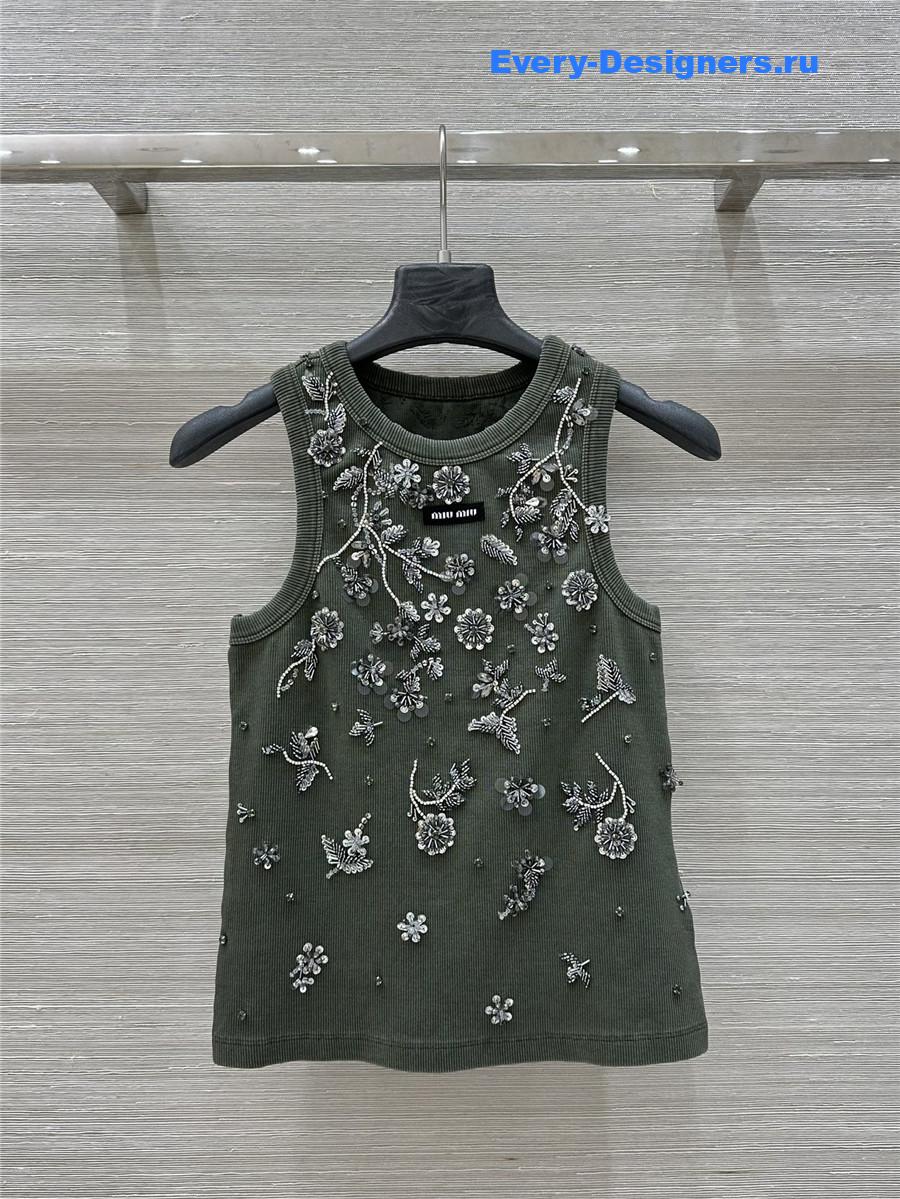 Miu Miu Olive Green Embroidered Knit Top