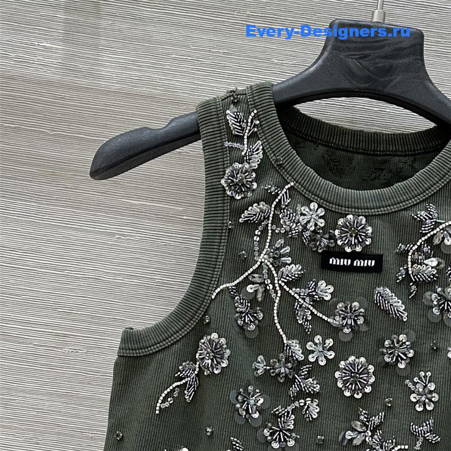 Miu Miu Olive Green Embroidered Knit Top