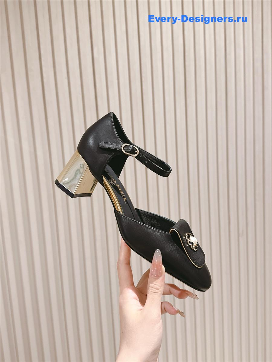 Ch**el black leather ankle strap pumps