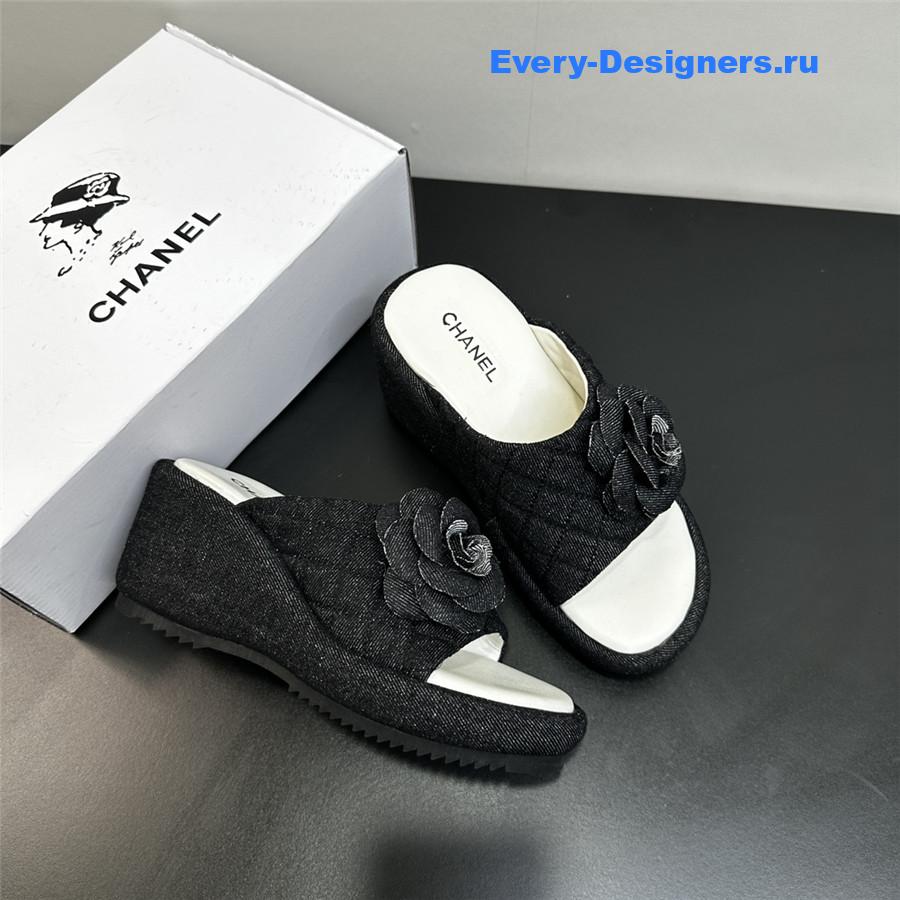 Ch**el black camellia wedge slippers