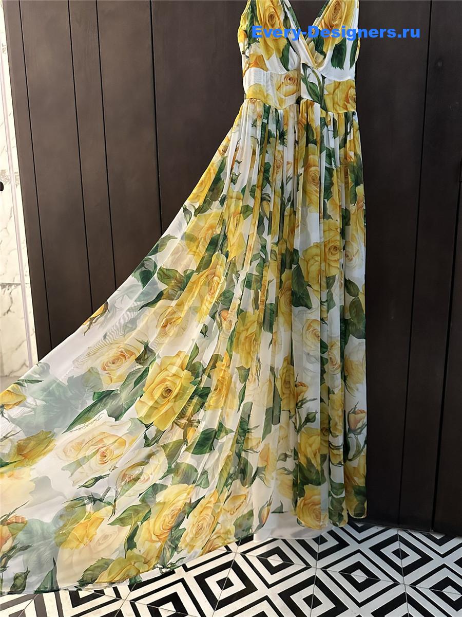 Dolce & Gabbana Yellow Rose-Print Silk Maxi Dress