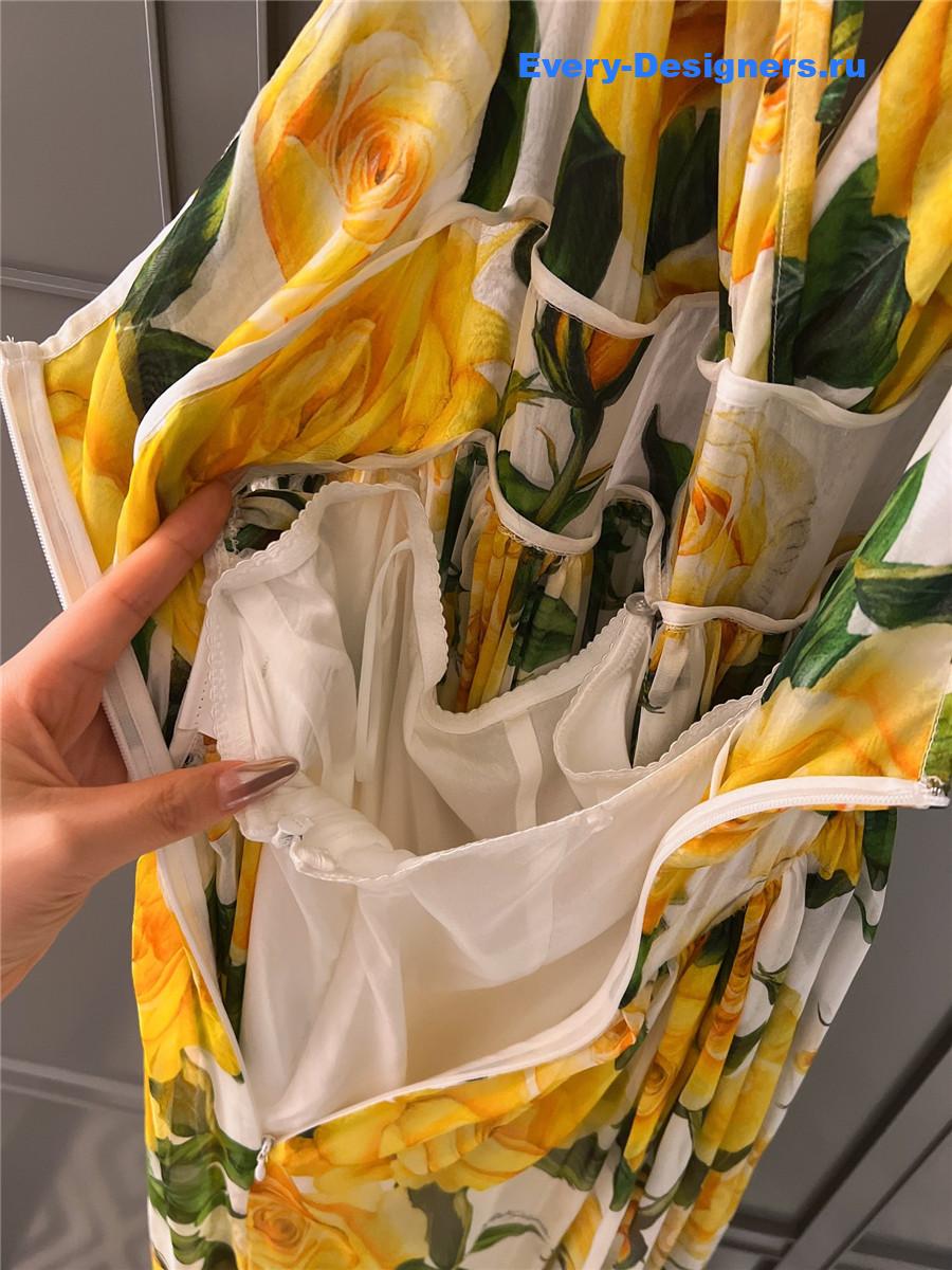 Dolce & Gabbana Yellow Rose-Print Silk Maxi Dress