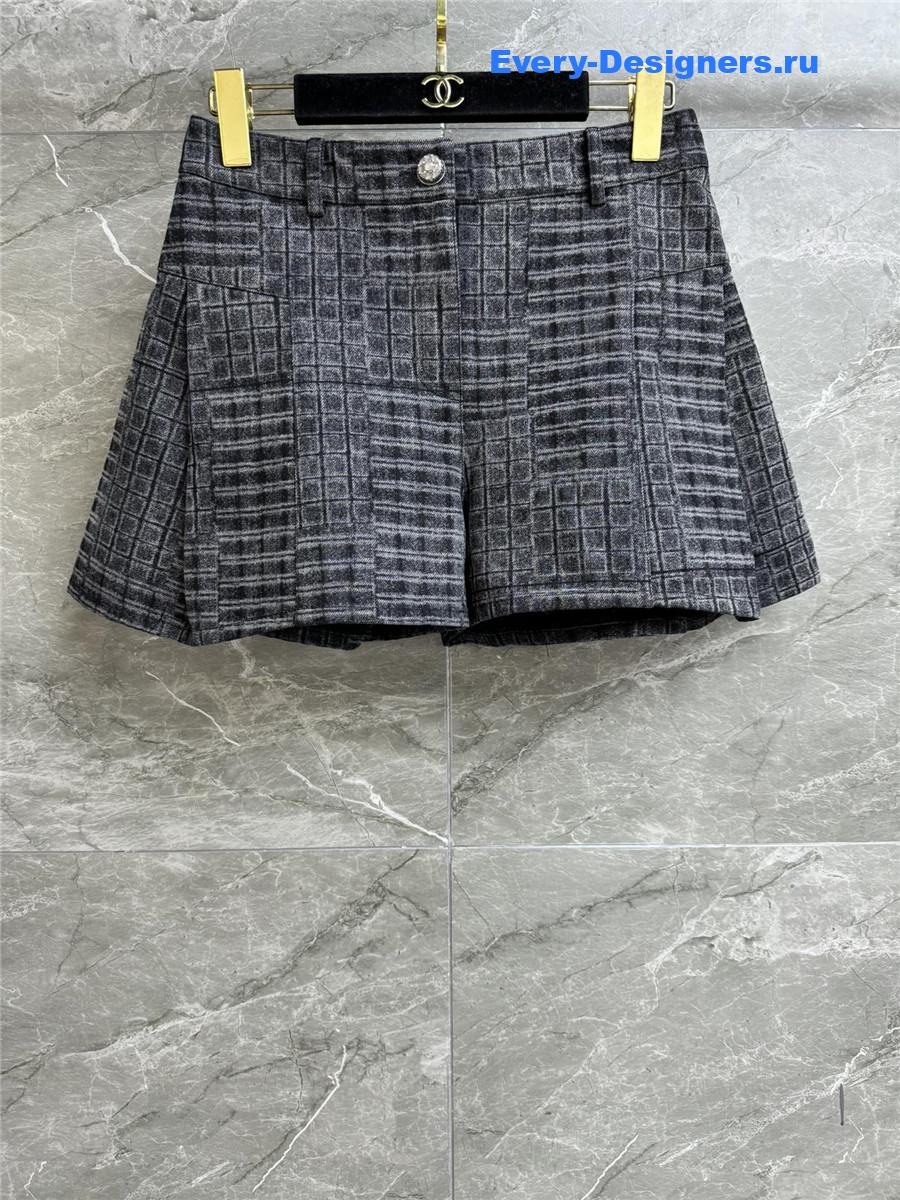 Ch**el grey woven check denim shorts
