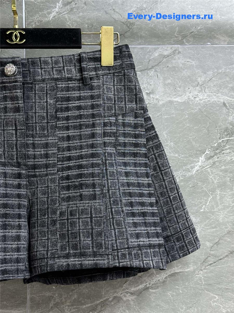 Ch**el grey woven check denim shorts