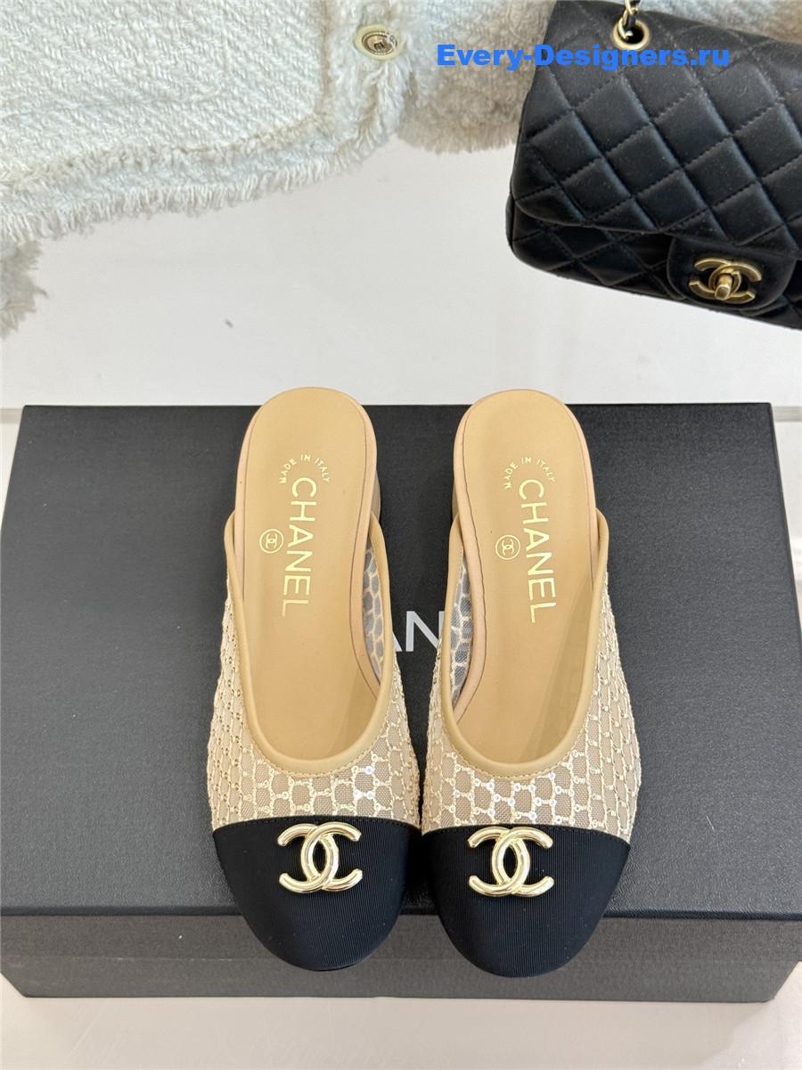 Ch**el mesh rhinestone cc chunky heel slippers
