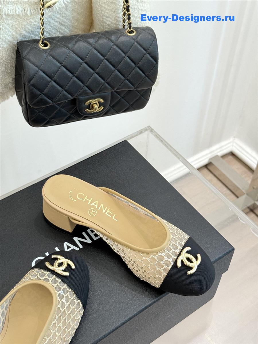 Ch**el mesh rhinestone cc chunky heel slippers